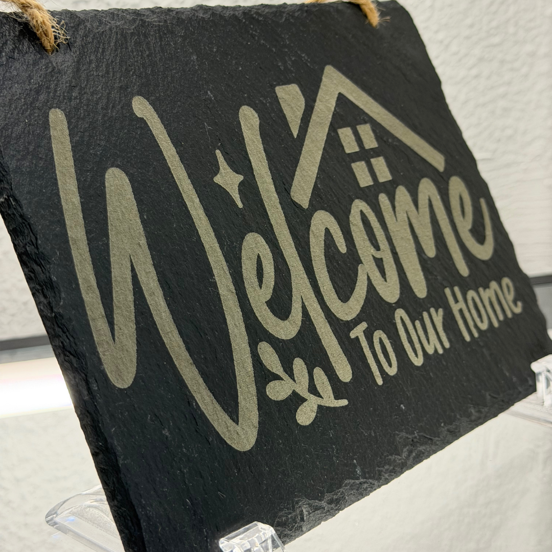 Welcome to Our Home Slate Sign – Engraved Hanging Door or Wall Plaque